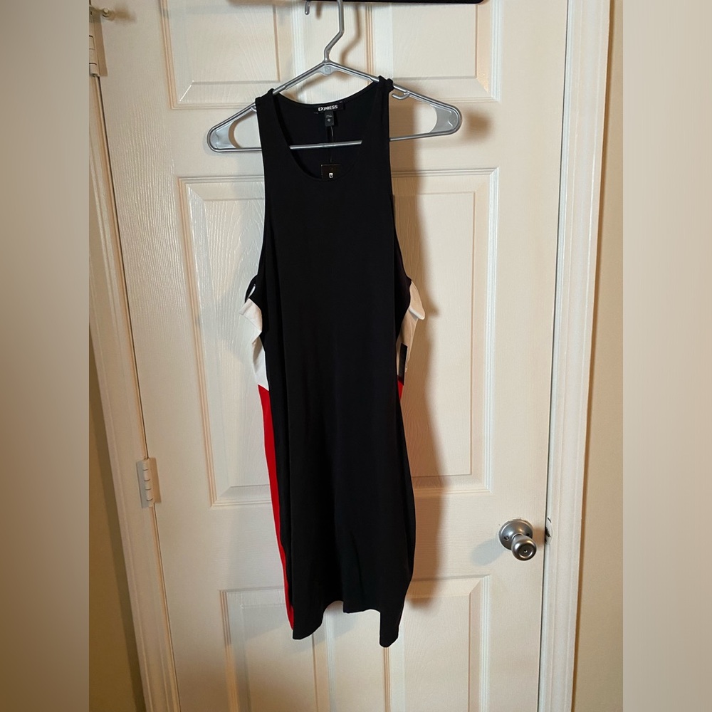 Express Black Dress with Red and White Side Panels
